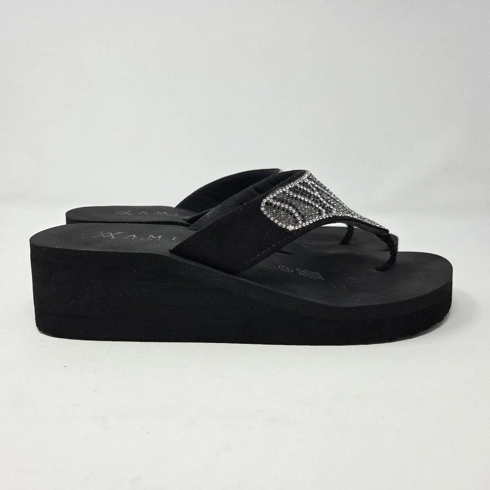Amiani Sandal Womens 10.5 Black Vinyasa Sparkle Stones Thong Slip On Casual Zebr